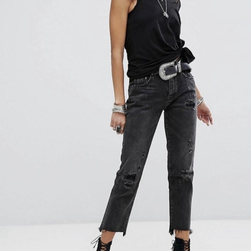 One X One Teaspoon High Waist Awesome Baggies Black Distressed Jeans‎ Sz 28